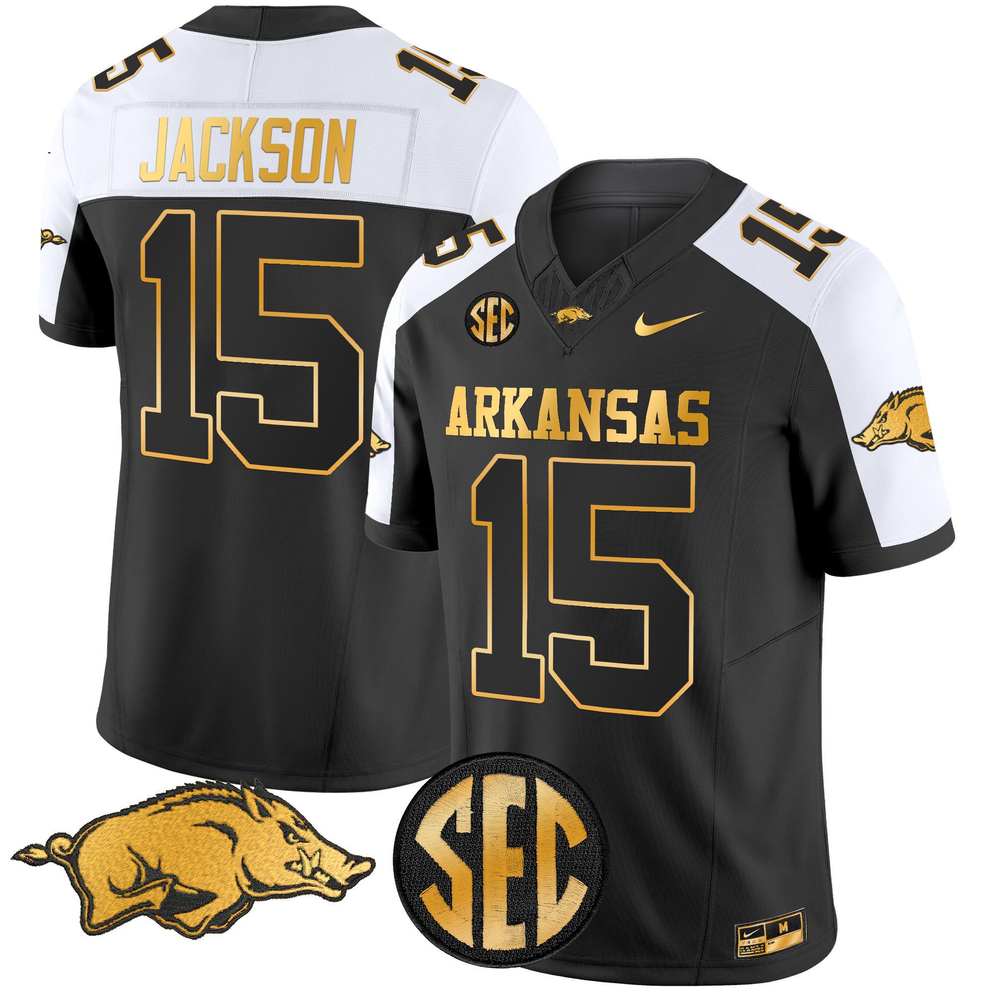 Men Arkansas Razorbacks #15 Jackson Black Nike 2024 Gold Vapor Limited NCAA Jersey